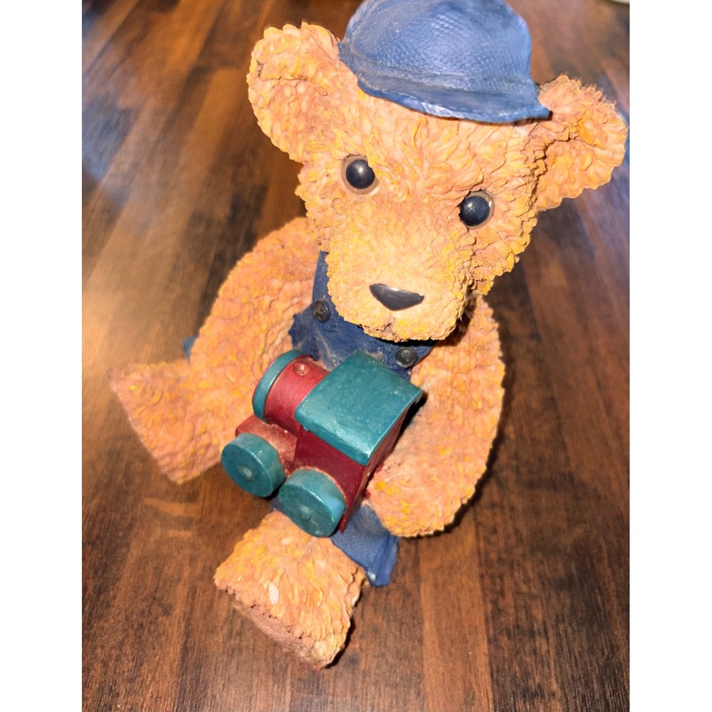 Vintage Resin Teddy Bear Coin Bank Engineer Hat Overalls with Toy Train Figurine